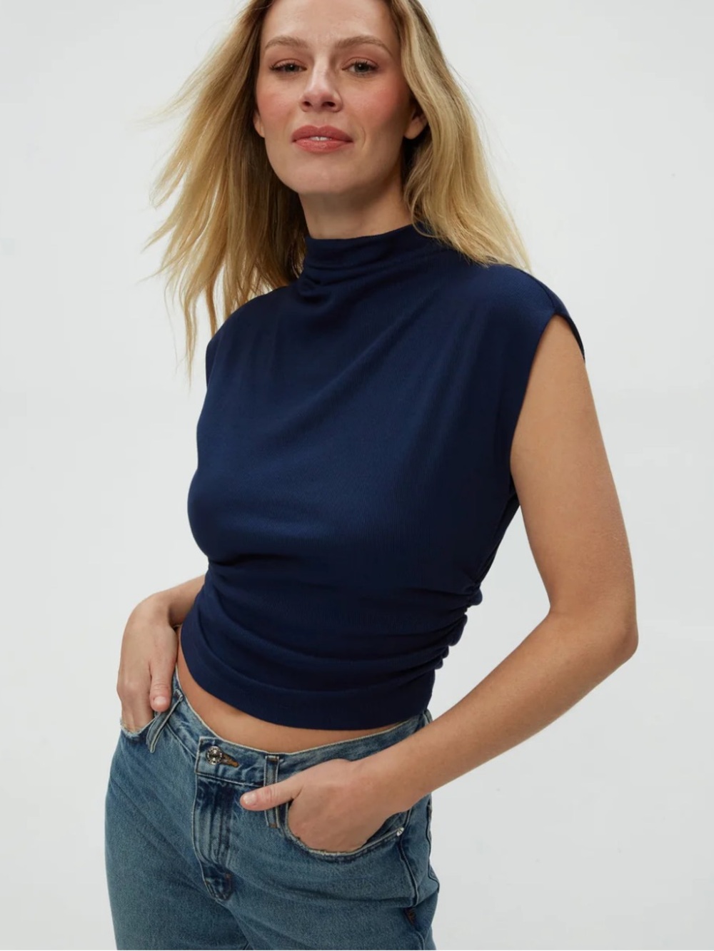 Michael Stars Amara Mock Neck Power Shoulder Top in Nocturnal